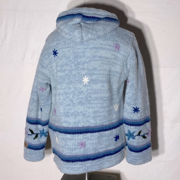 Kyber Blue Knit Full Zip Lined Wool Snowflake Flower Hoodie Sweater S - Picture 4 of 15